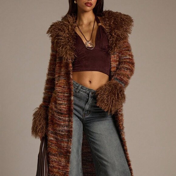 Multicolor Bohemian Women's fuzzy Collar & Cuffs Long Striped sweater Cardigan - Picture 5 of 7